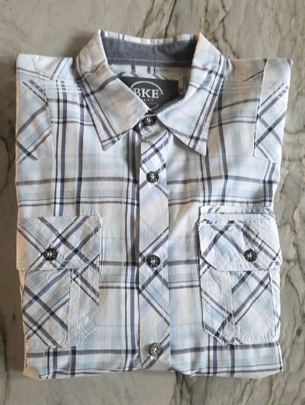 BKE White and Light Blue Plaid Long-Sleeve Button-Down Shirt